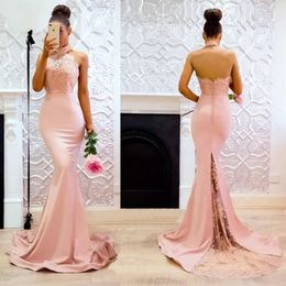 Sexy Sleeveless Halter Stain Evening prom Dress Elegant Floor Length Light Pink Lace Party Gown Robe Soirée Longue