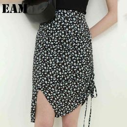 [EAM] High Waist Blue Patten Printed Irregular Drawstring Half-body Skirt Women Fashion Spring Summer 1DD8969 210512