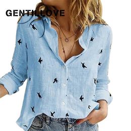 Casual Long Sleeve Birds Print Loose Shirts Women Oversized Cotton and Linen Blouses Tops Vintage Streetwear Tunic Tees 220207