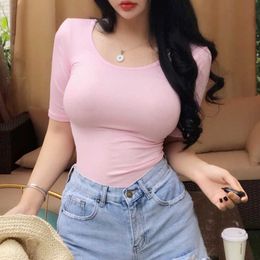 WOMENGAGA Korean Summer Top Slim Sexy Tight Cotton Short Sleeve T Shirt For Women Tshirt Skinny Pink 2UGZ 210603