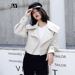 Ly Varey Lin Faux Soft Leather Short Jacket Women Loose Coats Turndown Collar Sash Tie Up Black Red Overcoat 210526