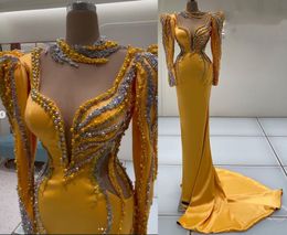 2022 Plus Size Arabic Aso Ebi Yellow Luxurious Sexy Prom Dresses Beaded Long Sleeves Evening Formal Party Second Reception Birthday Gowns Dress ZJ204