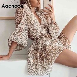 Aachoae Sexy Deep V Neck Leopard Dress Lady Bandage Chiffon Mini Dress Transparent Sleeve Stylish Bud Dress Beach Sundress 210325