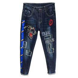 Ripped Embroidery Casual Slim Fit Jeans Mens Hole Biker Straight Denim Pencil Pants Hip Hop Streetwear Pantalones De Hombre
