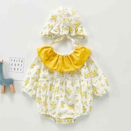 Baby Girl Bodysuits Doll Collar Long Sleeves Flower Print Rompers And Hat born Clothes 210429