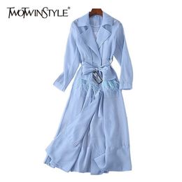 Elegant Solid Dress For Women Lapel Long Sleeve Sashes Casual Midi Dresses Female Fashionable Clothing Spring 210520