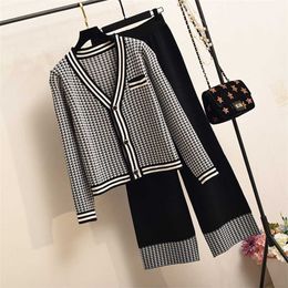 Autumn Knit 2 Piece Set Women Houndstooth Cardigan Sweater + Wide-Leg Pants Two Piece Outfits Women Crop Top Trousers Suits 211116