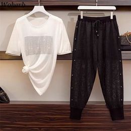 Plus Size Ice Knit Two Pieces Set Women Short Sleeve Sequined T-shirt + Loose Hearem Sweatpants Korean Summer Outfit 210519