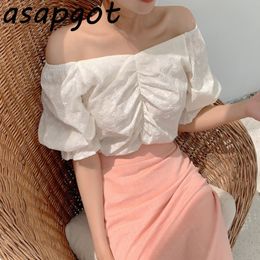 Fashion Chic Korea White Flare Short Sleeve Slash Neck Blouse Women Off The Shoulder Sweet Pink High Waist Skirt Gentle Sexy 210429