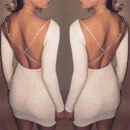 Women Dress Elegant Ladies Sexy Backless Casual Female Long Sleeve Slim Bandage Bodycon Evening Party Cocktail Pencil Clothing 210522