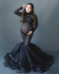 Maternity Gown Dresses for Photo Shoot Pregnant Women Long Sleeve Black Lace Turtleneck Photography Dresses Pregnancy Dress