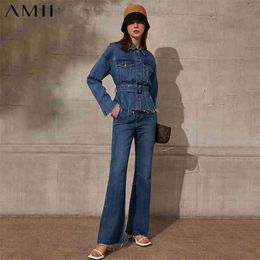 Minimalism Spring Summer Women's Jean jacket Causal Lapel Single Breated Coat Fashion Bell-bottomed Pants 12140152 210527