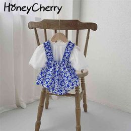 Summer baby short sleeved top + suspenders pantsuit blue floral romper born girl clothes 210702