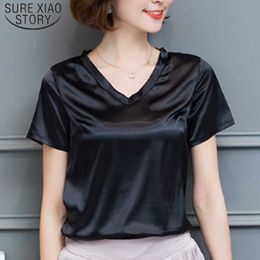Summer TShirt Sexy V-neck Short Sleeve Shirt Ladies Fashion Clothing Arrival Silk T-shirt Black White Tops 4605 210527