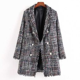Autumn Winter Pearl Button Tassel Plaid Women Mid Length Coats Elegant Lady Black Double Breasted Vintage Woolen Plus Size 210526