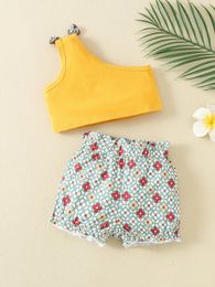 Baby One Shoulder Bow Detail Top & Floral Print Paperbag Waist Shorts SHE