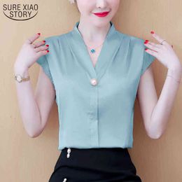 Satin Loose V-neck Sleeveless Top Female Summer Korean Silk Shirt Women Short Sleeve Chiffon Blouse Solid Colours 9790 210508