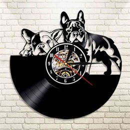 Lovely French Bulldog Vinyl Record Time Clock Modern Design Pet Dog Puppy Animal Wall Watch Decor Home Decor with Light 210325