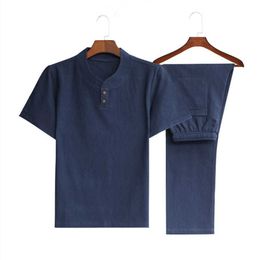 (Shirt + trousers) 2021 summer men shirt Man Cotton and linen shirts Short sleeve men's fashion casual shirts men size M-5XL Y0831