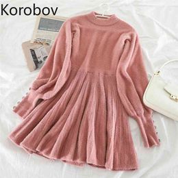 Korobov Korean Vintage Office Lady Women Sweet Dress New Chic Long Sleeve Dresses Autumn Winter Mohair Vestidos Femme 210430