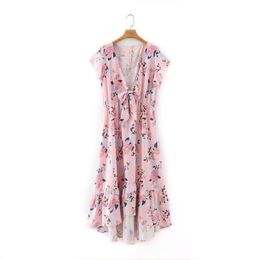 Summer Women Flower Print Deep V Neck Lace Up Bow Midi Dress Female Short Sleeve Clothes Casual Lady Loose Vestido D7515 210430