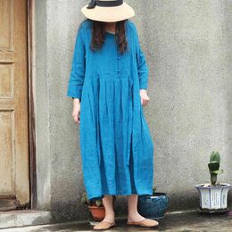 Johnature Women Vintage Linen Dresses Button Belt Lake Blue O-Neck Long Sleeve Autumn Chinese Style Pleated Dresses 210521