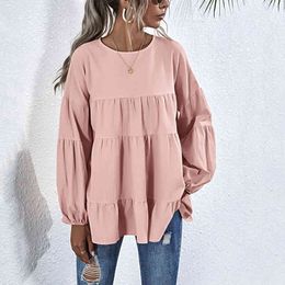 Vintage Shirt Womens Tops and Blouses Autumn Summer Solid Colour O Neck Lantern Sleeve Casual cute Loose Top shirt women 210514