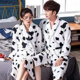 Women's Sleepwear Women Robes Coral Fleece Korean Printed Simple Thicken Nightgowns Winter Bathrobe Knee-length Homewear Couples Plus Size 2