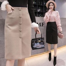 wrap midi skirt UK - Skirts High Waist Woolen Button Pencil Midi Office Ladies Elegant Black 2021 Winter Split Wool Wrap Faldas