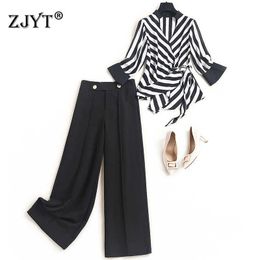 Summer Fashion Designers Lady Elegant Office Two Piece Outfits Women Striped Print Chiffon Shirt and Trousers Suit Sets 210601