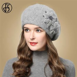 FS Winter Hats For Women Beanie Rabbit Fur Warm Knitted Hat Flower Double Layers Beret Snow Caps Gorros Femme 211229