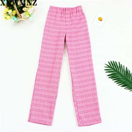 XNWMNZ Women High Rise Elasticated Waist Checked Straight Pants joggers for women pink trousers Q0801