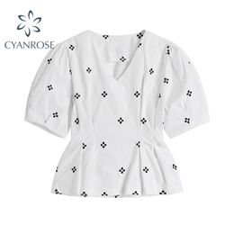 French Style Elegant Blouse Tops Summer Fashion Vintage Print V Neck Short Puff Sleeve Waist Draped Office Ladies Shirt 210515