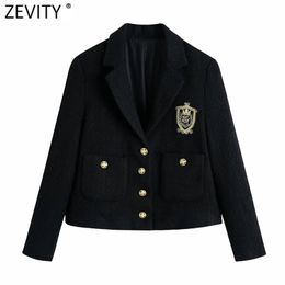 Zevity Women England Style Badge Patch Breasted Woollen Blazer Coat Vintage Long Sleeve Pockets Female Outerwear Chic Tops CT663 210930