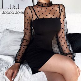 Jocoo Jolee Women Elegant Black Polka Dot Transparent Mesh Long Sleeve Patchwork Mini Dress Ladies Lace Party Club Bodycon Dress 210518