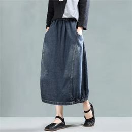 Arrival Spring/autumn Arts Style Women Loose Casual Elastic Waist A-line Skirt Cotton Denim Patchwork Skirts W31 210512