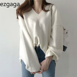 Ezgaga Knitted Sweater Women Korean Chic Autumn Winter V-Neck Oversize Long Sleeve Solid Outwear Pullover Ladies Tops Casual 210430