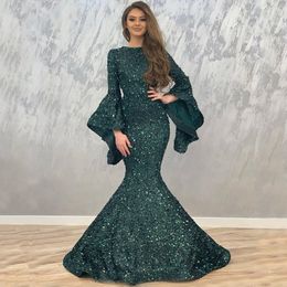 Dark Green Sequined Mermaid Evening Dresses Long Sleeves Jewel Neck Swep Train African Formal Prom Gowns