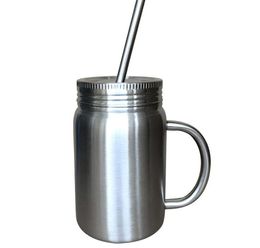 2021 14OZ Mason Jar with handle Double Wall Stainless Steel Mason Mugs with lid 14oz Coffee Drinking tumbler straw metal Sippy cup mason