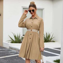 Elegant Spring Autumn Women Dress Casual Solid Turn Down Collar Button Patchwork Office Lady Dresses Vestidos W663 210526