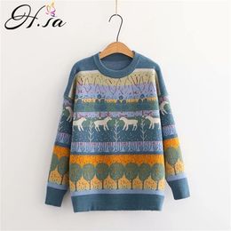 European Fashion Women Winter Sweater and Jumpers Oneck Long Sleeve Deer Print Christmas Knit Pull 210430