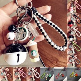 Resin keychain Cute cartoon couple Simulated Coffee cup woven rope bell car key chains