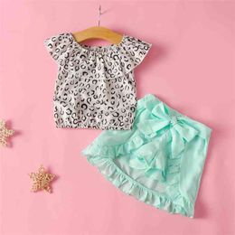 Summer Suit Leopard Pattern Top+Short Culottes2Pcs Kids Clothes Costume For Girls Children's Clothing 210528