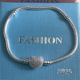 Original 925 Sterling Silver Chain Bangle Bracelets For Women Love Heart Fit Beads DIY