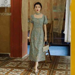 YOSIMI Spring Embroidery Print Chiffon Long Dresses Short Sleeve Pearl Tassel Square Collar Midi Evening Party Women Dress 210604