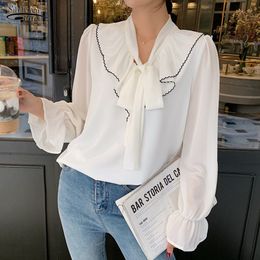 Ropa De Mujer Korean Solid Long Sleeve Women Blouses Autumn Bow V-neck Puff Chiffon Blouse Loose Shirts Female 10604 210521