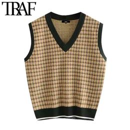 Women Fashion With Ribbed Trim Plaid Knitted Vest Sweater Vintage V Neck Sleeveless Female Waistcoat Chic Tops 210507