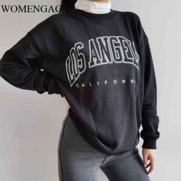 WOMENGAGA Women O-Neck Letters Print Sweatshirt Drop Shoulders Organic Cotton In Black Tops Autumn Winter RI11 210603