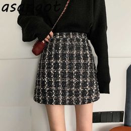 Asapgot Style Autumn Vintage Plaid Skirts Tweed Short High Waist Slim Wrap Hip A-line Plus Size Faldas Mujer Moda Streetwear 210610