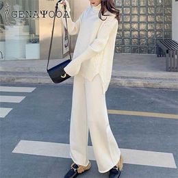 Genayooa Turtleneck Pullover 2 Piece Set Women Warm Winter Knit Sweater Two Piece Set Top And Pants Tracksuit Women Korean 211116